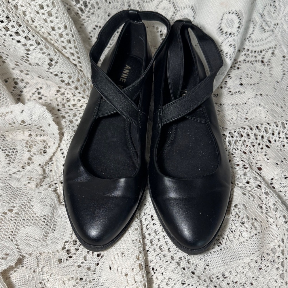 Anne Klein Womens Black Leather Slip On Ballet Flats Elastic Straps Comfort Shoe